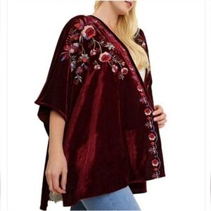 UMGEE Burgundy Red Embroidered Velvet Open Front Kimono